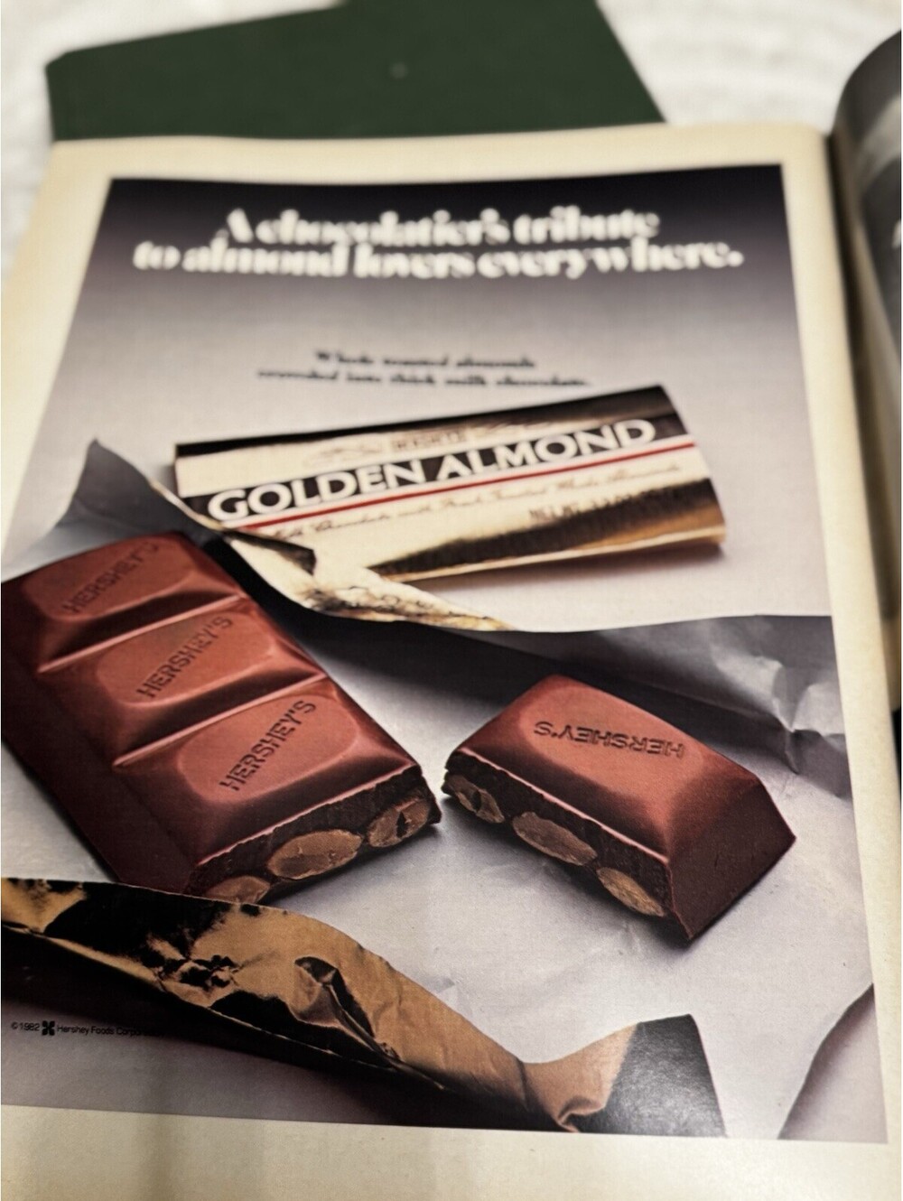 Vintage 1982 Hershey’s Golden Almond Bar Ad Chocolate Candy Print Foil Wrapper